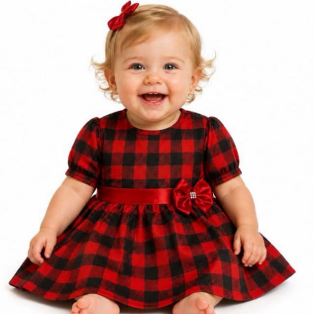 Vestido Bebê Infantil Xadrez Menina Manga  Roupas Algodão Mesversário  Quadrilha temático