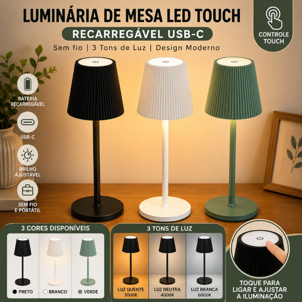 Luminária de Mesa LED Touch Recarregável USB-C Sem Fio – 3 Temperaturas de Cor e Brilho Ajustável 0% a 100%