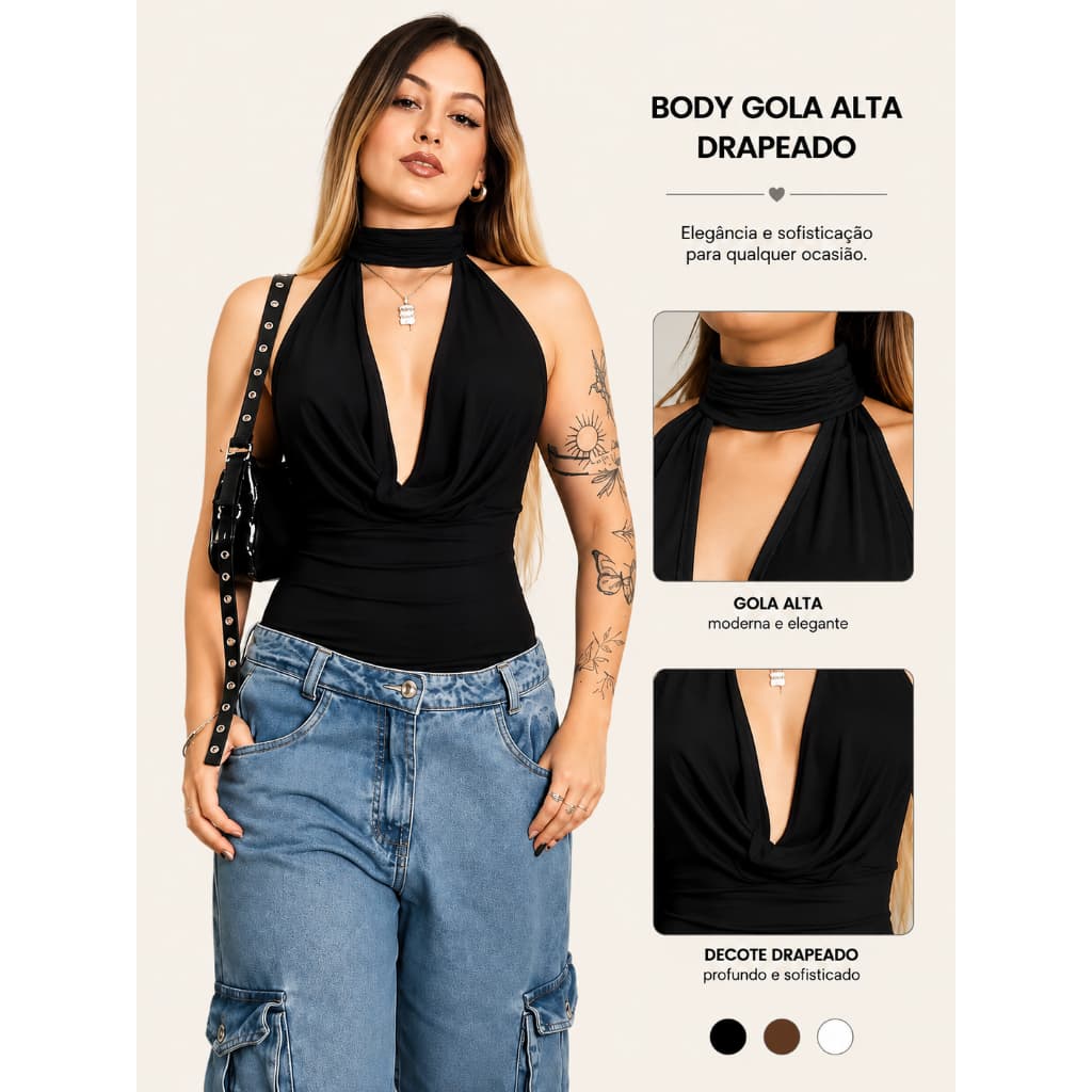 Body Feminino Elegante Decote Profundo com Gola Halter – Sensual e Sofisticado