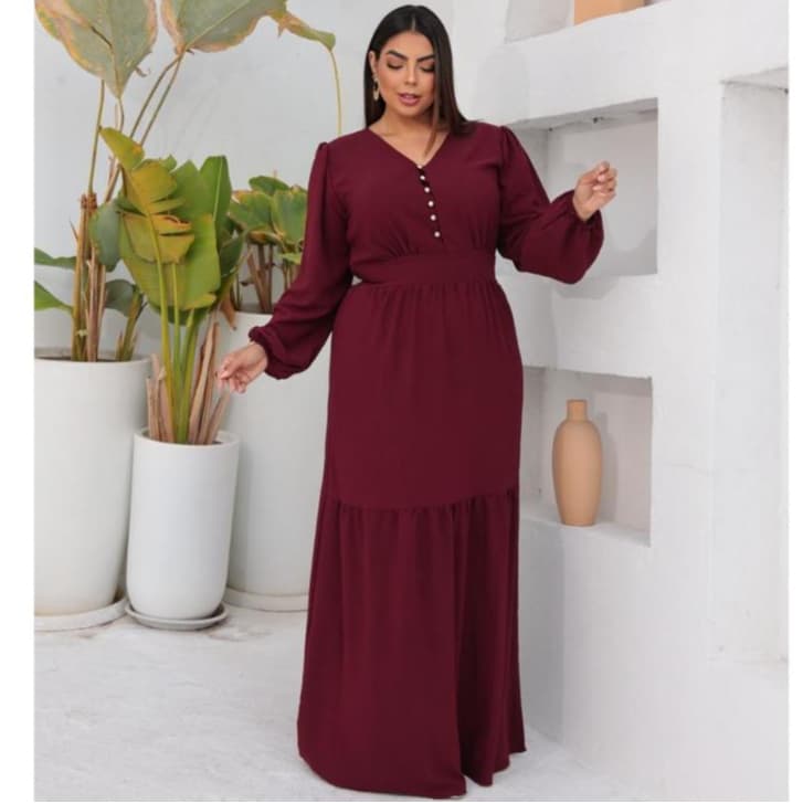 Vestido Plus Size Bege com Manga Bufante Tecido Duna Botões Frontais Forro Total
