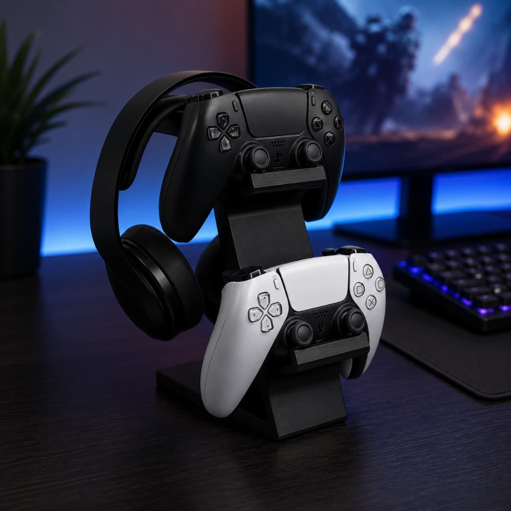 Suporte Gamer Universal para 2 Controles e Headset Porta Controle Organizador de Mesa PS5 Xbox PC