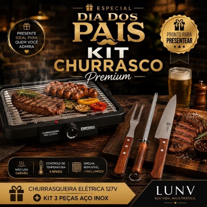 Conjunto Kit Churrasco Completo Churrasqueira Elétrica 127V + Kit 3 Peças Inox Cabo Madeira Para Apartamento