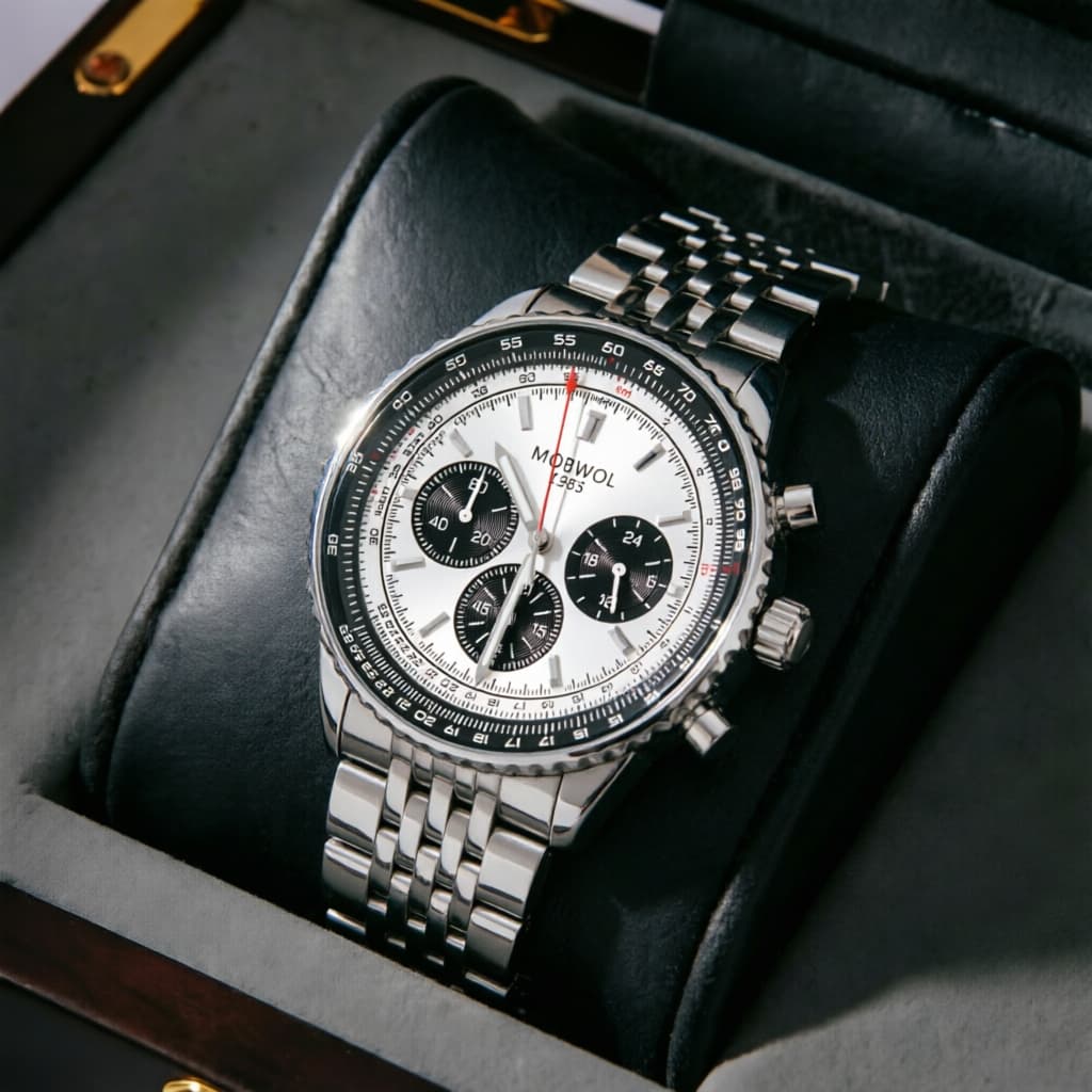 Relógio Masculino Quartzo Aço Inoxidável Safira Cronógrafo 3 Olhos Aviador 41mm 3ATM Luminoso - Modelo 2613