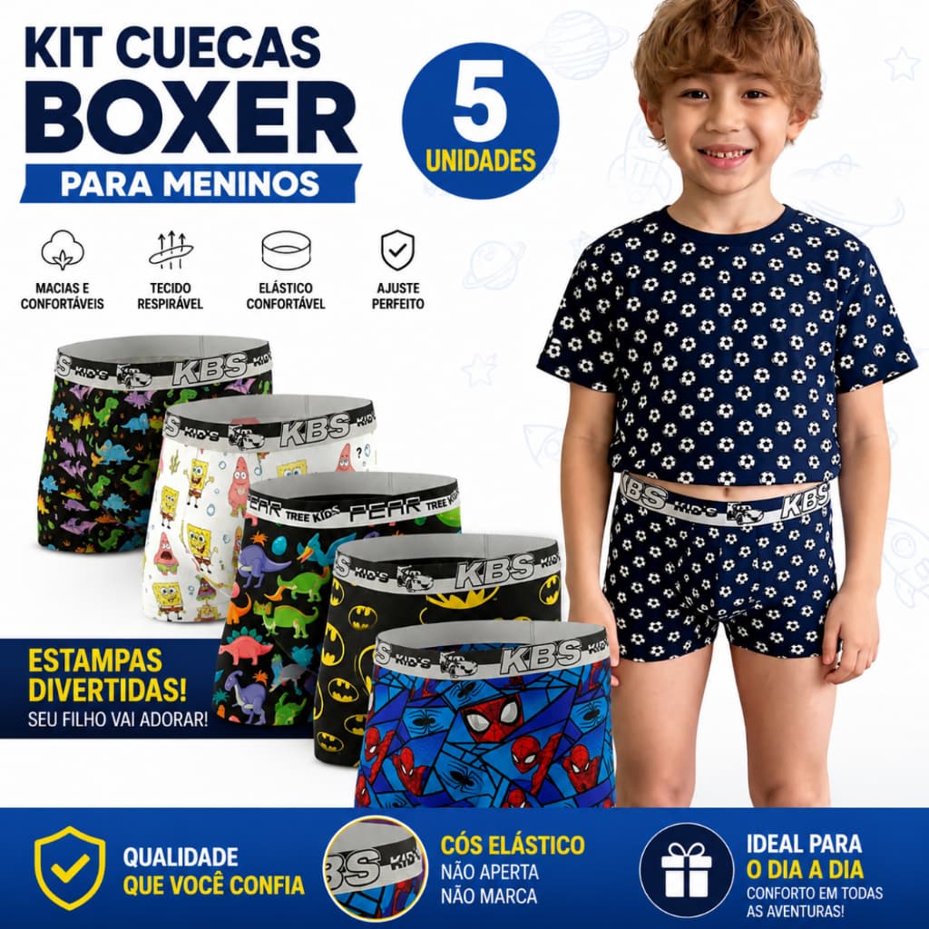 Kit Cuecas Box Infantil Microfibra Original Cueca Boxer para Crianças Estampada