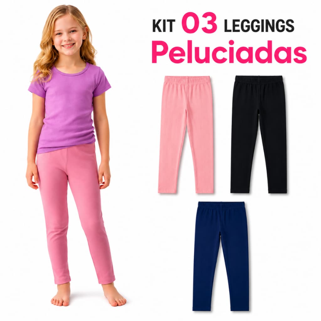 Kit com 3 leggings para meninas, macias, de inverno, quentinhas, de flanela, perfeitas para a escola.