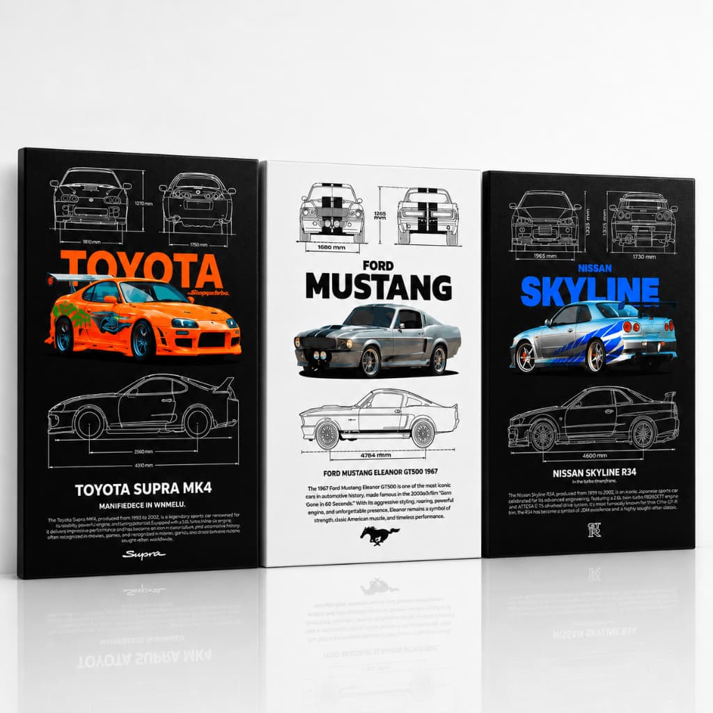 Kit 3 Quadros Decorativos Toyota Supra MK4 Mustang Eleanor e Nissan Skyline R34 para Garagem