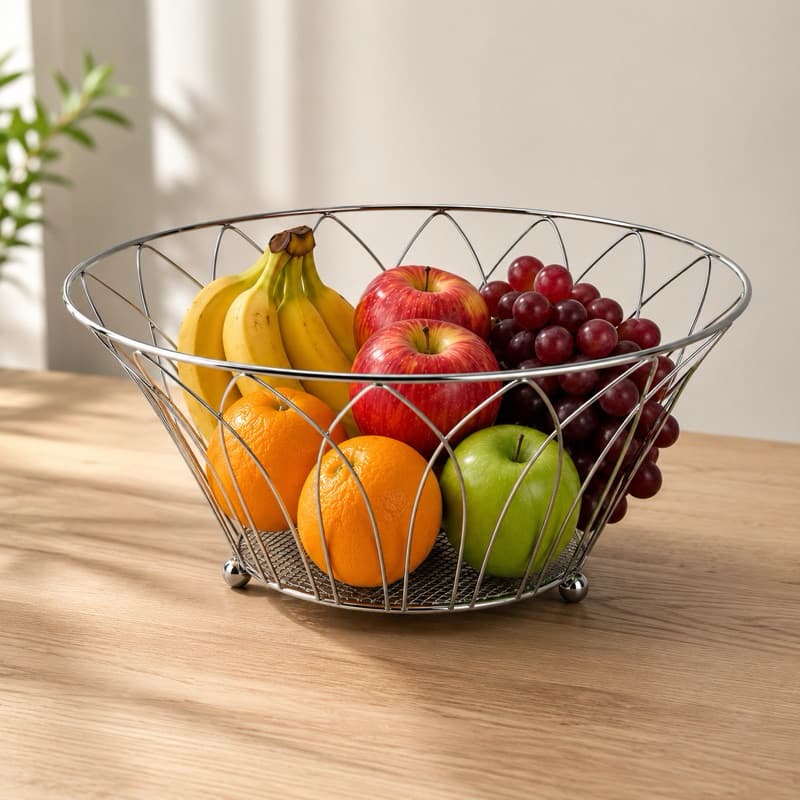 Fruteira Aramada em Inox Cromado Cesto para Frutas Decorativo Resistente para Cozinha e Bancada