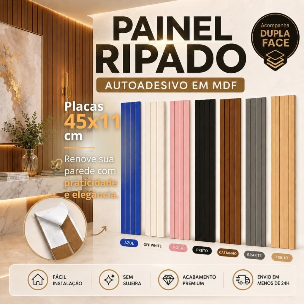 Kit Até 40 Placas Painel Ripado Autoadesivo MDF 45x11cm Painel Decorativo Revestimento Parede - Envio 24H