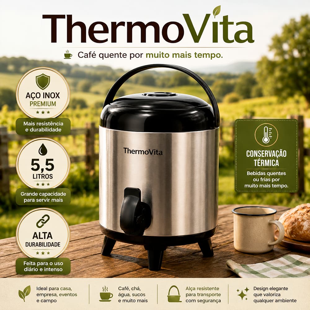 Botijão Térmico Inox 5,5 Litros com Torneira Conserva Bebidas Quentes e Frias Alta Durabilidade ThermoVita