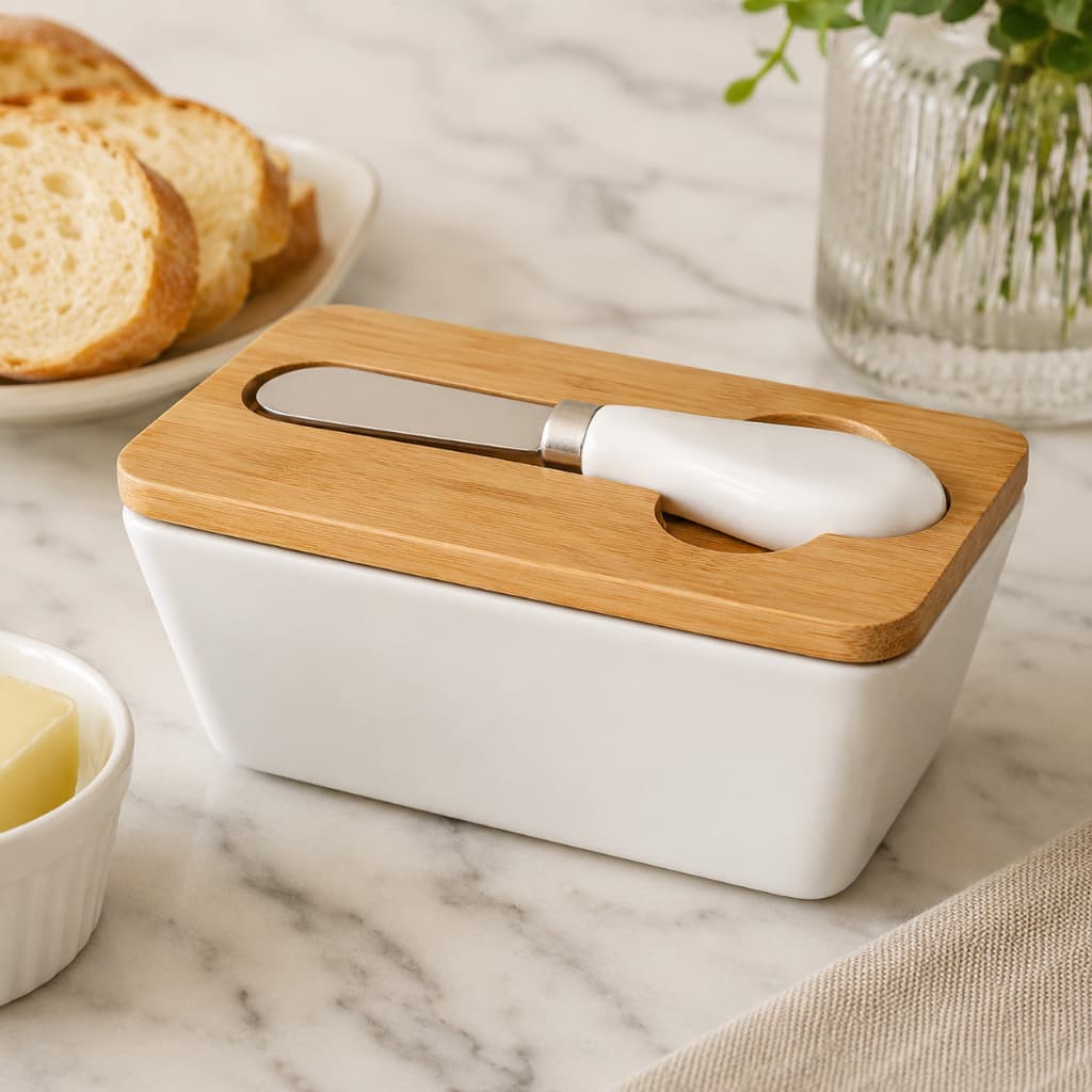 Manteigueira Porcelana Tampa Bambu Espátula Elegante Mesa Posta Porta Manteiga Luxo Café da Manhã