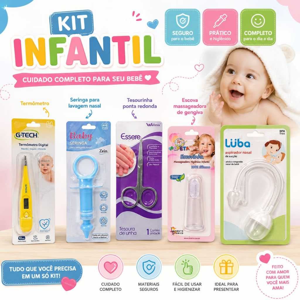 Kit Cuidados do Bebê 5 em 1 – Termômetro + Seringa Lavagem Nasal + Aspirador Nasal + Tesourinha + Escova Massageadora