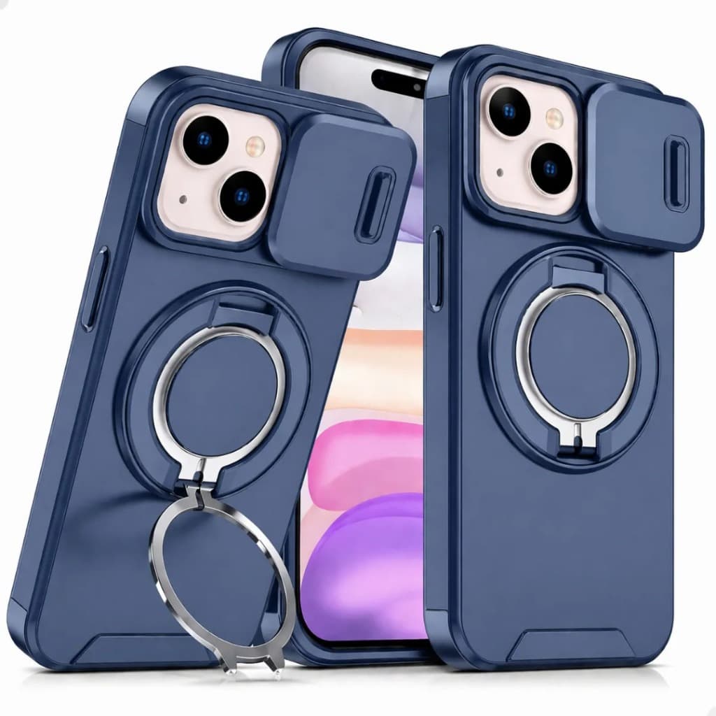 Capinha iPhone 13 Anti Impacto Azul Com Anel Giratório Proteção da Câmera Case Resistente