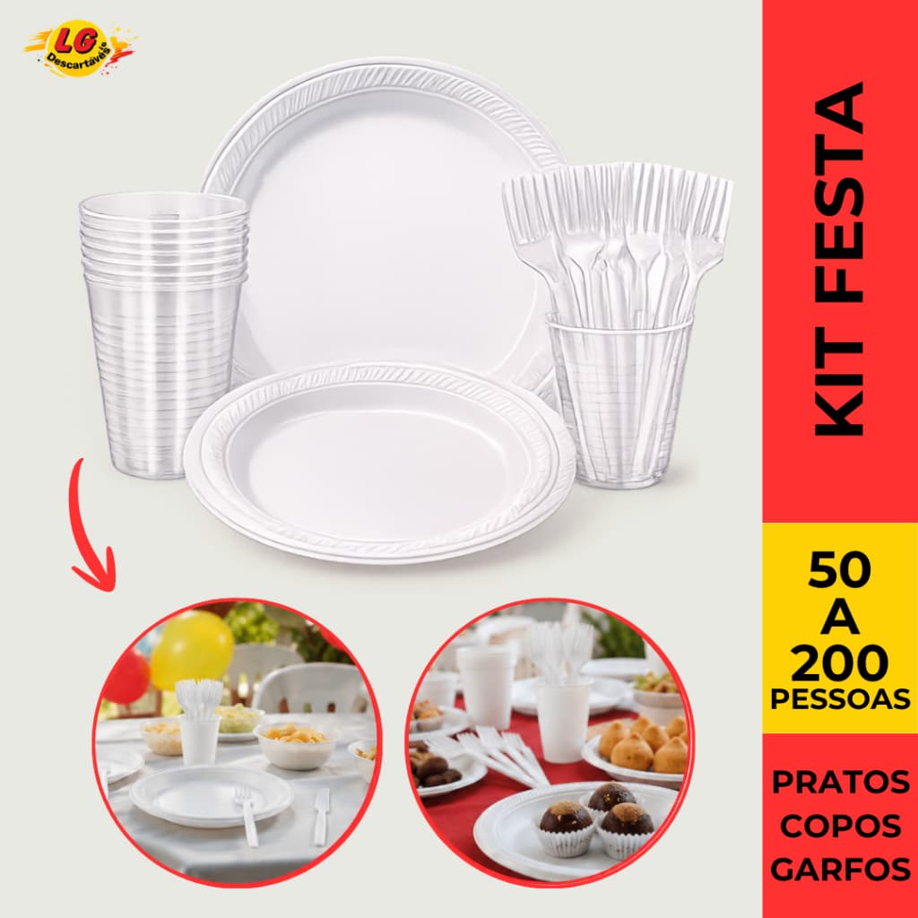 Kit Festa Descartável Até 200 Pessoas Copos Pratos Garfos Completo