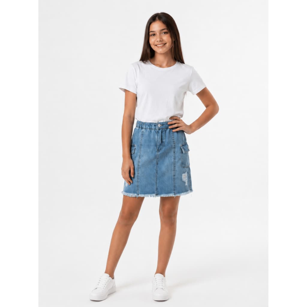 Saia Feminina Jeans Infantil Barra Desfiada Juvenil Bolsos Cargos