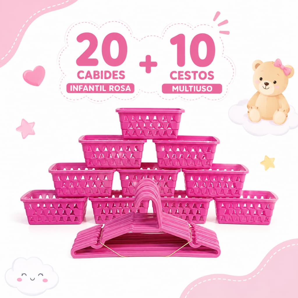 Cesto Organizador e Cabide infantil Kit 10 Cestinhas e 20 Cabides Rosa Para Bebê Infantil