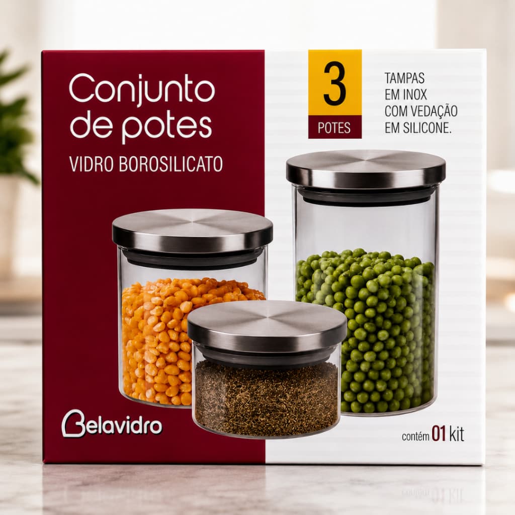 Kit 3 Potes de Vidro Borosilicato Herméticos Tampa Inox Vedação em Silicone