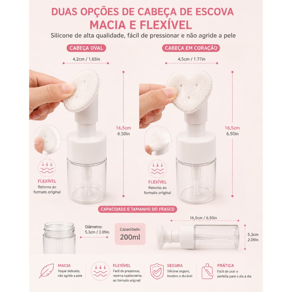 Frasco Pump com Escova de Silicone para Limpeza Facial