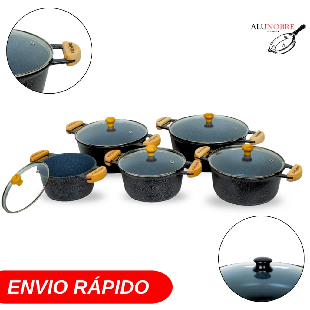 Jogo De Panela Antiaderente Cerâmica preto 16 a 24 tampa de vidro aluminio fundido diviforte