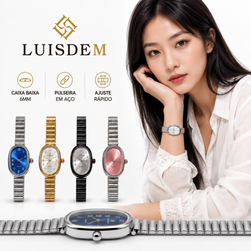 Relógio Feminino Luisdem Milan Elegante Minimalista Pulseira em Aço Caixa Fina 6mm Ajuste Rápido Presente Mulher.