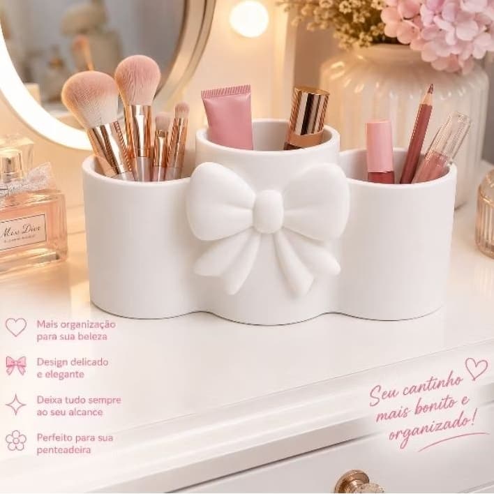 Porta Maquiagem Organizador de Bancada com Laço 20 cm | Porta Pincéis | Organizador de Cosméticos | Decoração Delicada