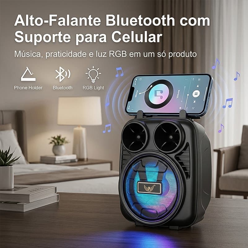 Caixa de som Bluetooth portátil, recarregável, com rádio FM, alto-falante e luz LED.