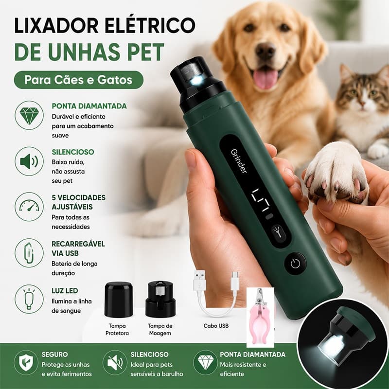 Moedor Elétrico de Unhas Pet Cães e Gatos 5 Modos de Velocidade Luz LED Lixador Recarregável USB Seguro e Silencioso