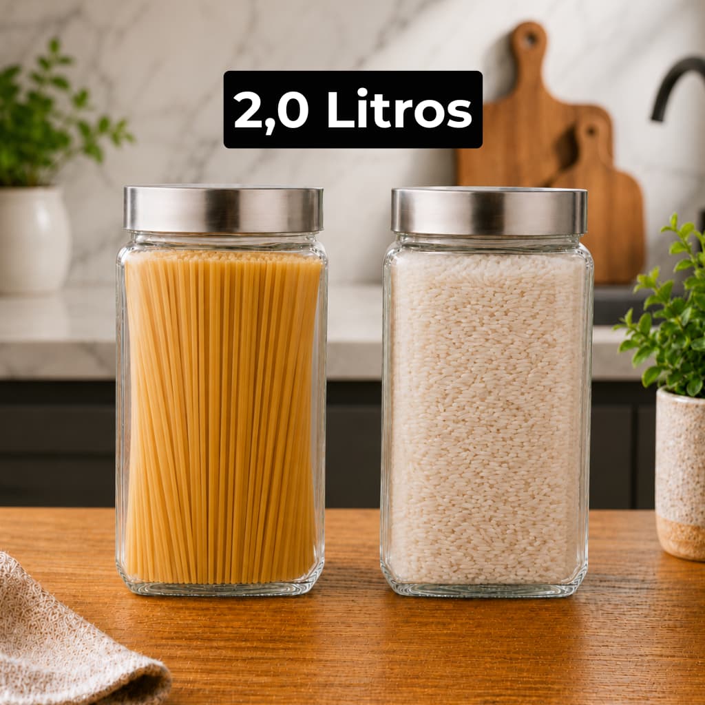 Kit 2 Potes De Vidro 2,0L Quadrado Com Tampa De Rosca Inox Resistente