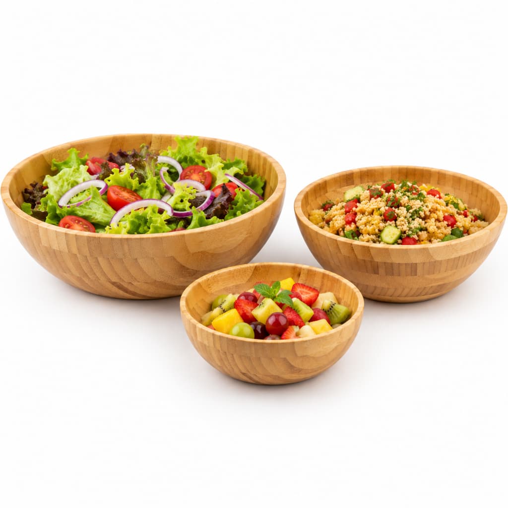 Saladeira de Bambu Natural de Alta Qualidade – Tamanhos 25cm, 24cm e 18cm
