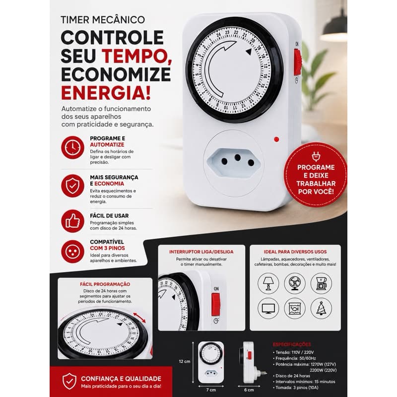 Temporizador Analógico Timer Manual Tomada Liga Desliga Energia 110v / 220v Tomada Inteligente
