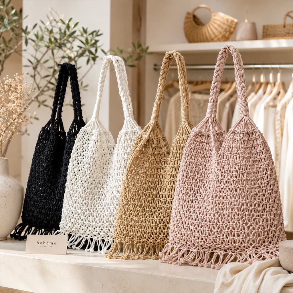Bolsa Vasada Saco de Croche Vazada Rede Alça Trançada Bolsas de Tecido Praia Férias Passeio