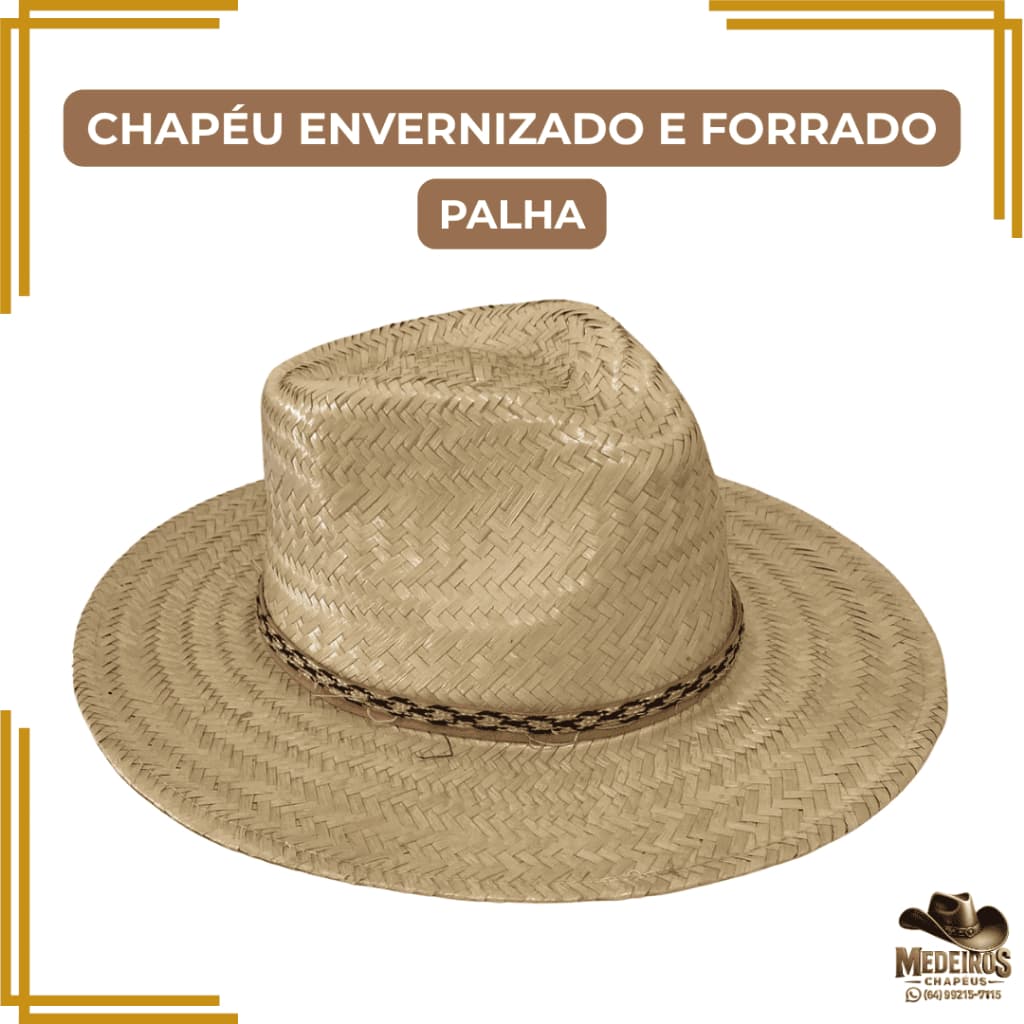 Chapéu de Palha Envernizado Unissex com Forro Adulto Festa Junina Arraiá Caipira Tradicional