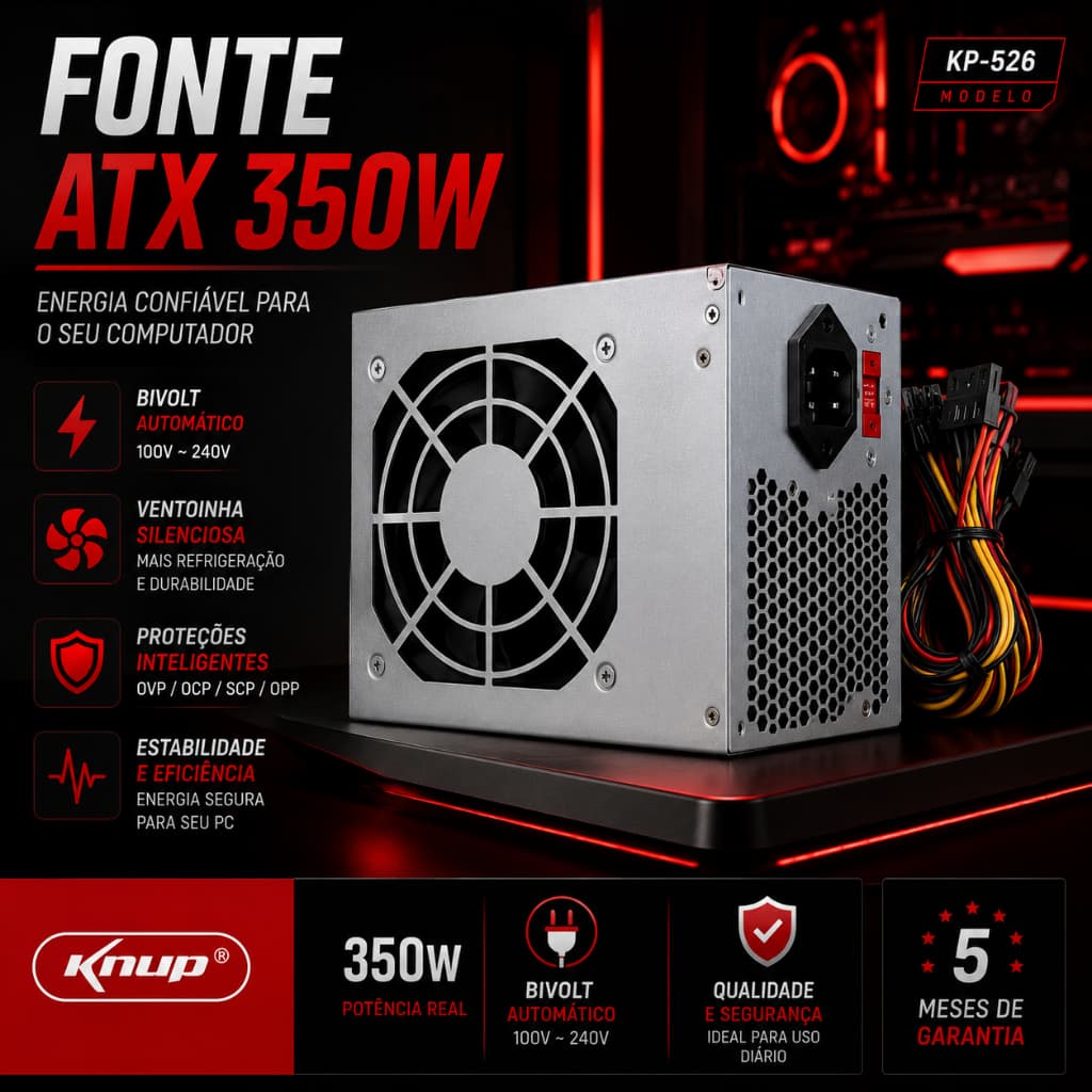 Fonte ATX Knup KP-526 350W Bivolt Automático para PC Computador Silenciosa