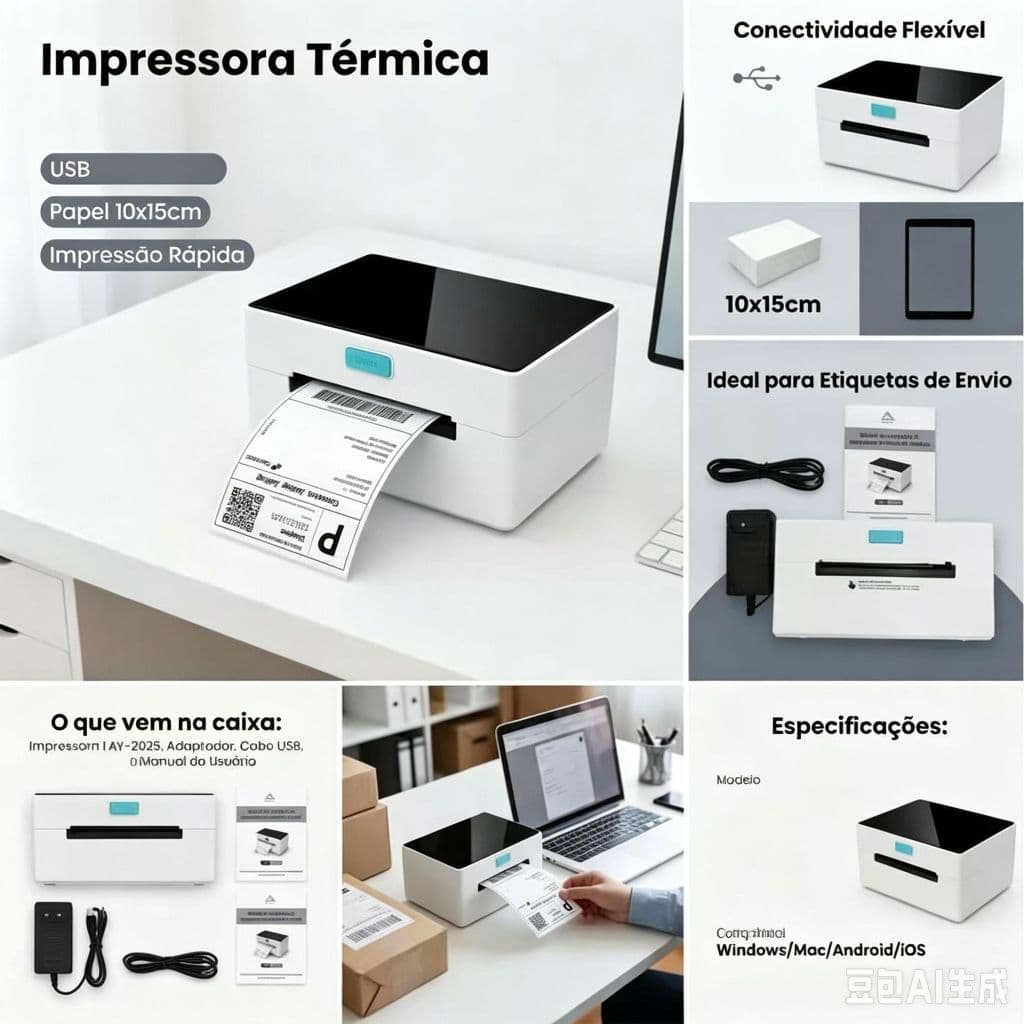 Impressora De Termica Etiquetas Adesivas Branco Portatil USB