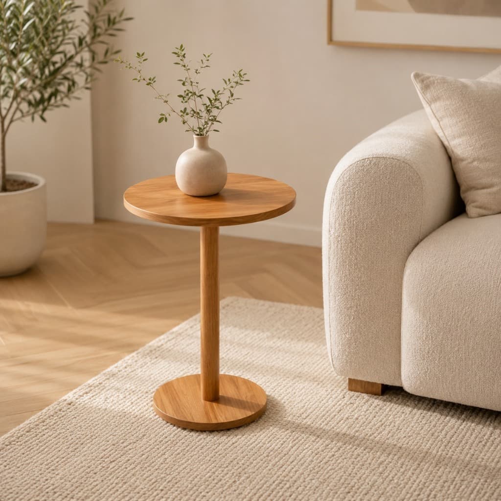 Mesa Lateral Amadeirada com Pé Único para Apoio de Objetos e Decoração da Casa