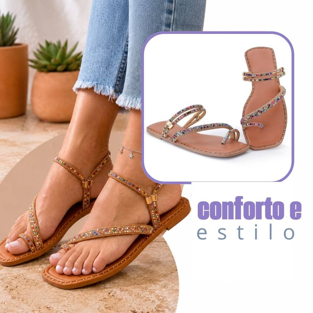 Rasteira Feminina Chinelo Strass Delicada Estilosa Moderna Dia a Dia Conforto Premium