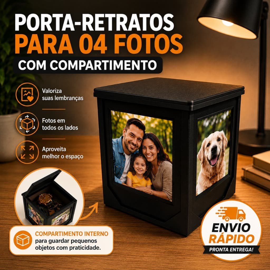 Porta-Retrato Cubo 4 Fotos com Compartimento Interno e Tampa Decorativo Porta-Objetos