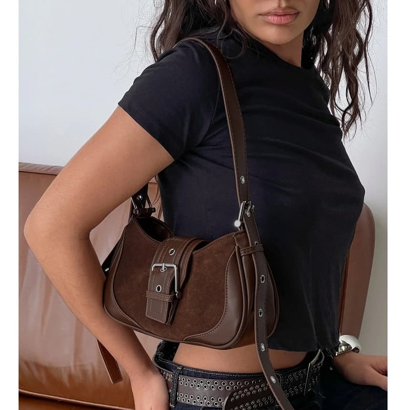 Bolsa Feminina Transversal Pequena Baguete De Ombro Com Fivela Camurça Vintage Y2K Grunge Punk