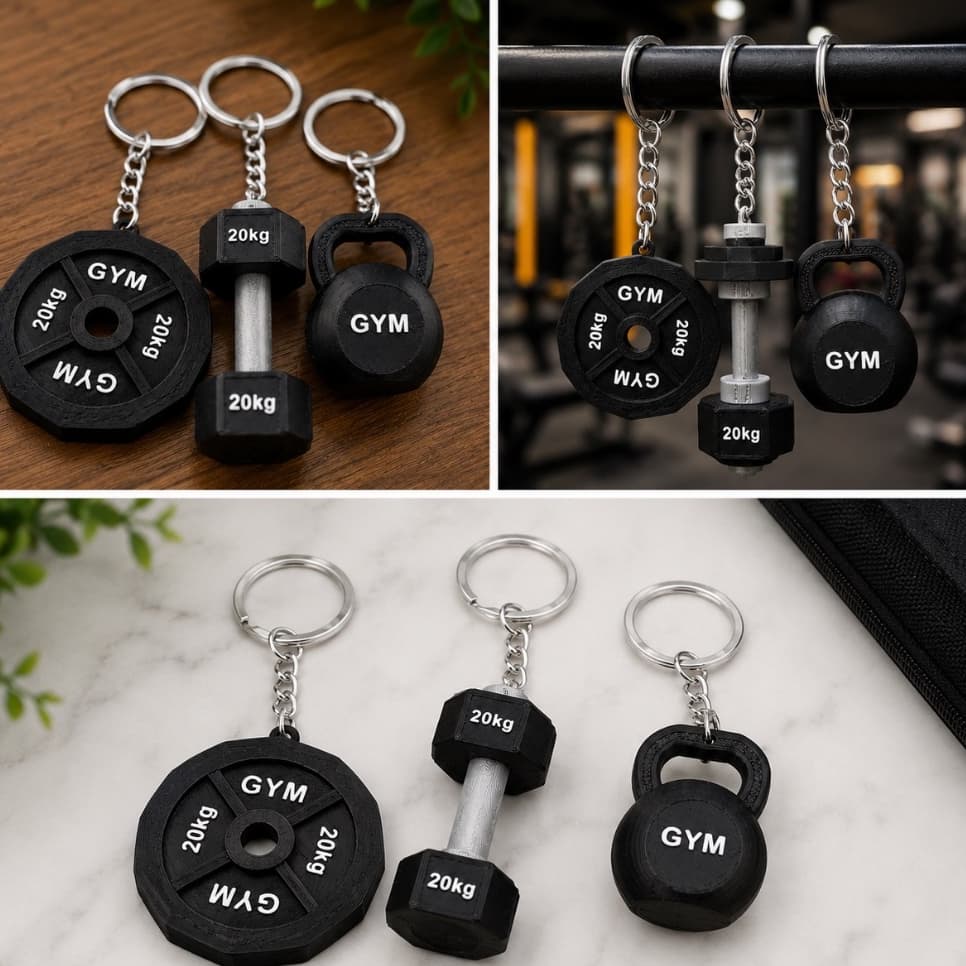 Kit 3 Chaveiros Academia 3D Fitness - Anilha + Halter + Kettlebell | Presente Criativo