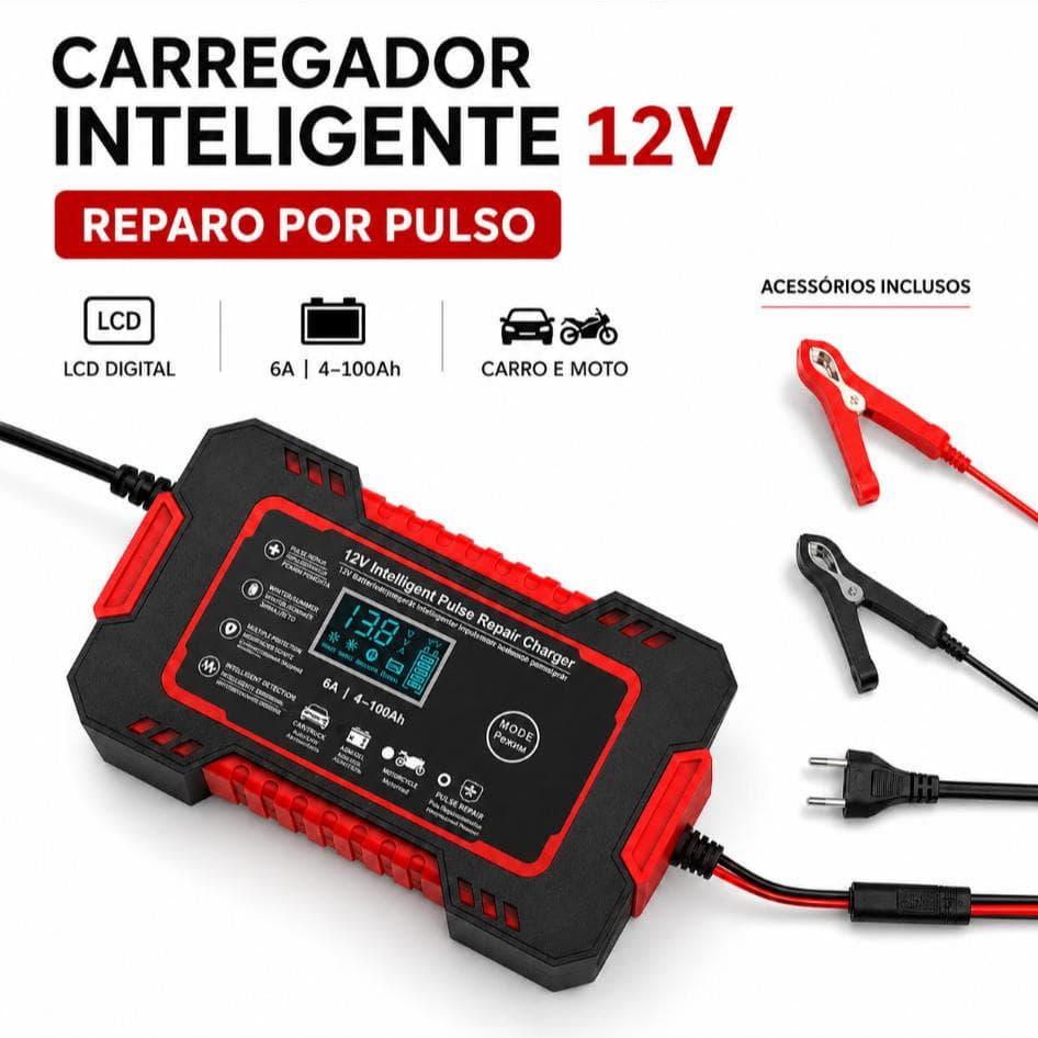 carregador inteligente com reparo por pulso 12V 6A Reparo Pulsado para Bateria Carro Moto Trator