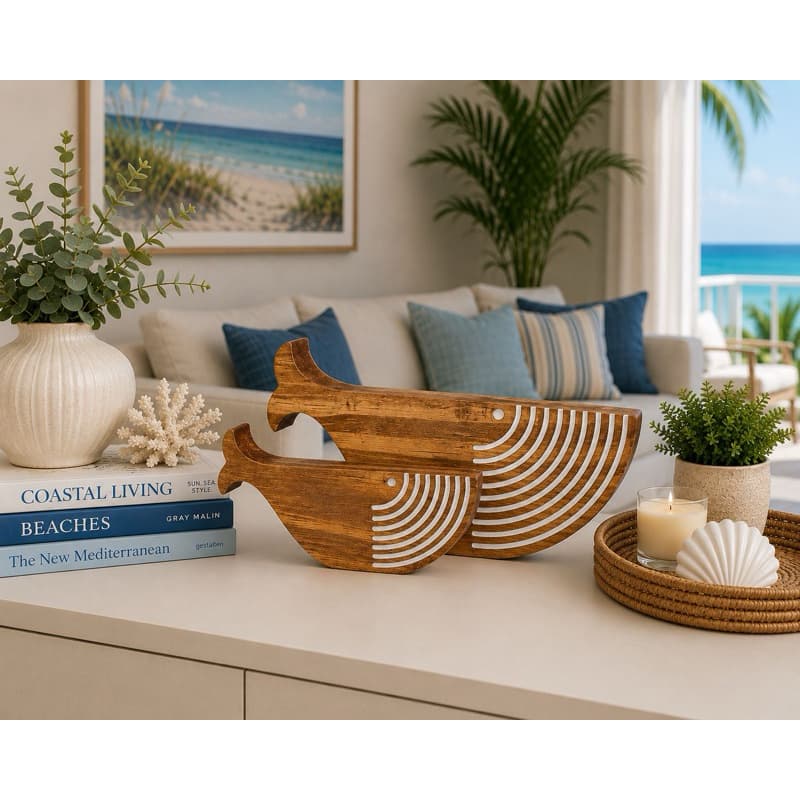Baleias Decorativas de Mesa 2 Peças em Madeira Decoração Náutica Praia