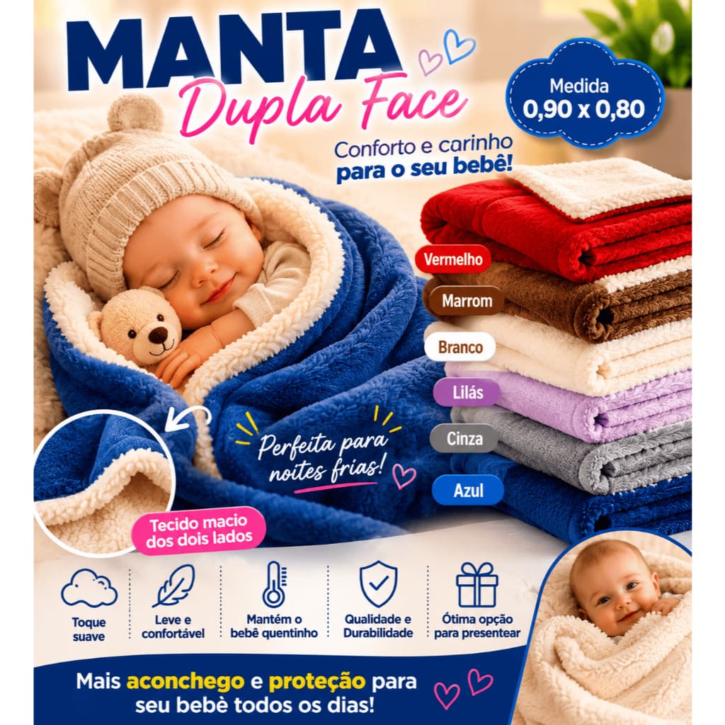 Manta Bebê Dupla Face Sherpa Plush 90 x 80 cm Macia Lavável Respirável
