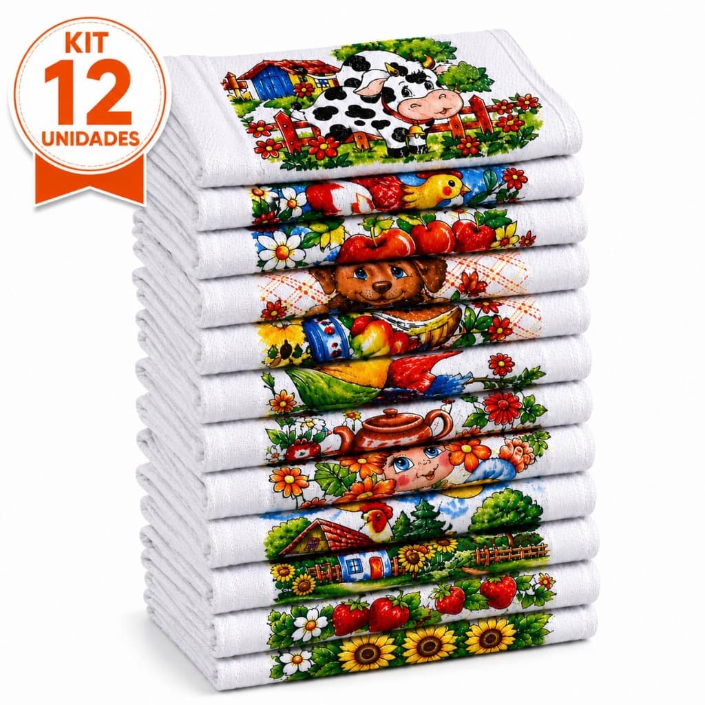Kit 12 Panos de Prato 100% Algodão 45x75cm Estampas Sortidas