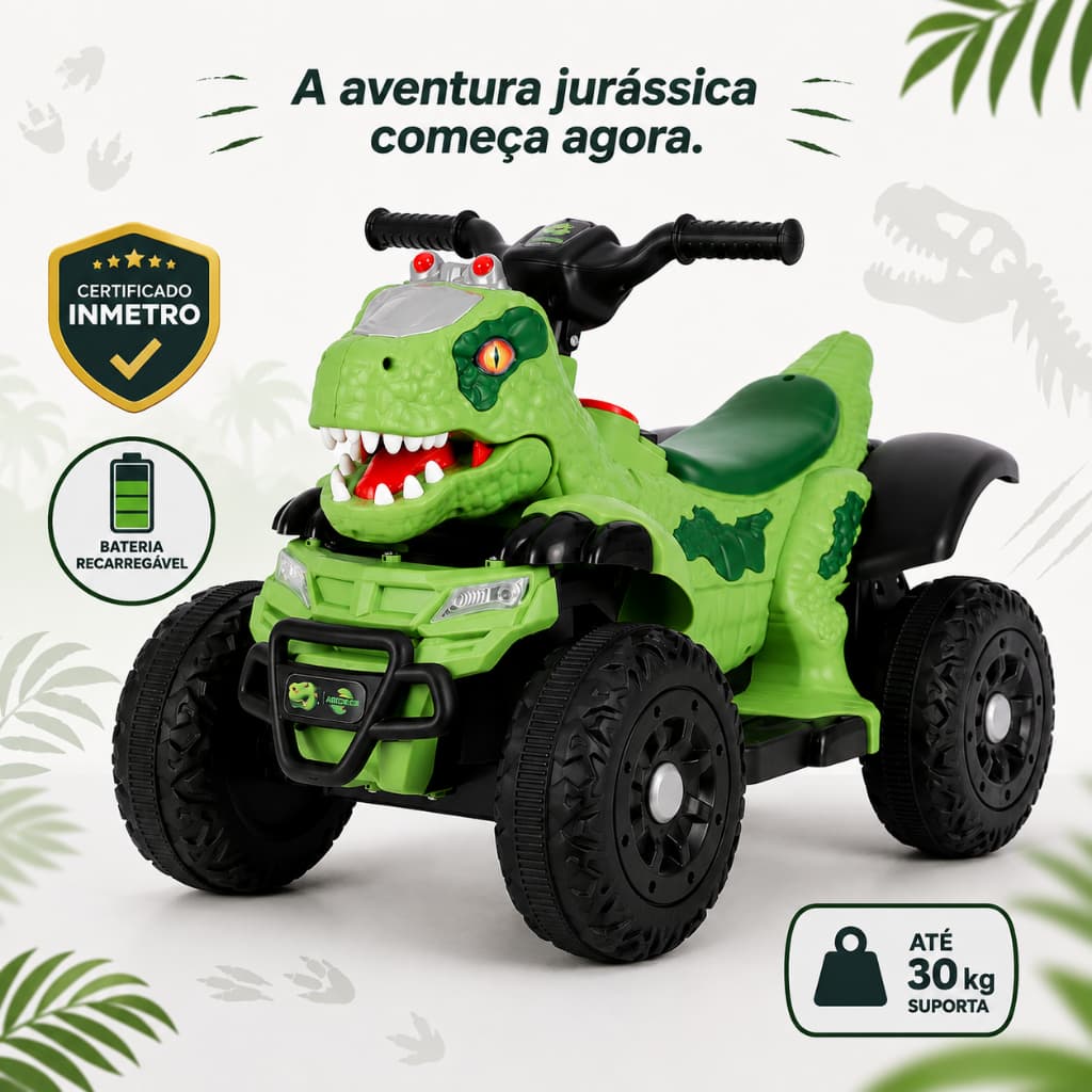 Quadriciclo Elétrico Infantil 6V Dinossauro Verde Bateria Recarregável Até 30kg  com Luzes