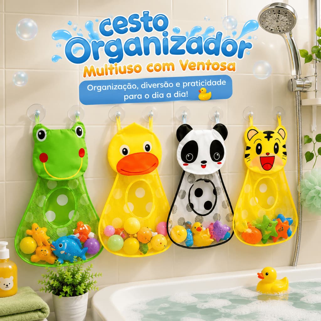Cesto Organizador Brinquedos Banho Com Ventosa Porta Brinquedos Infantil Tela Resistente Multiuso