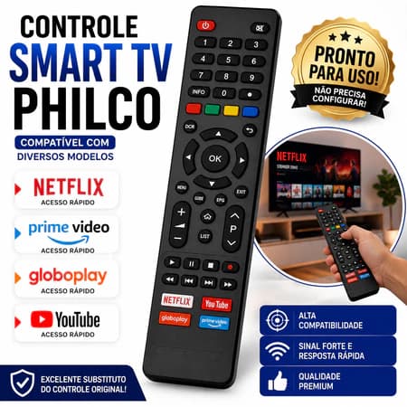 Controle Remoto TV Philco Smart Compatível 4K, com Teclas Netflix, Globoplay, YouTube e Prime Video.
