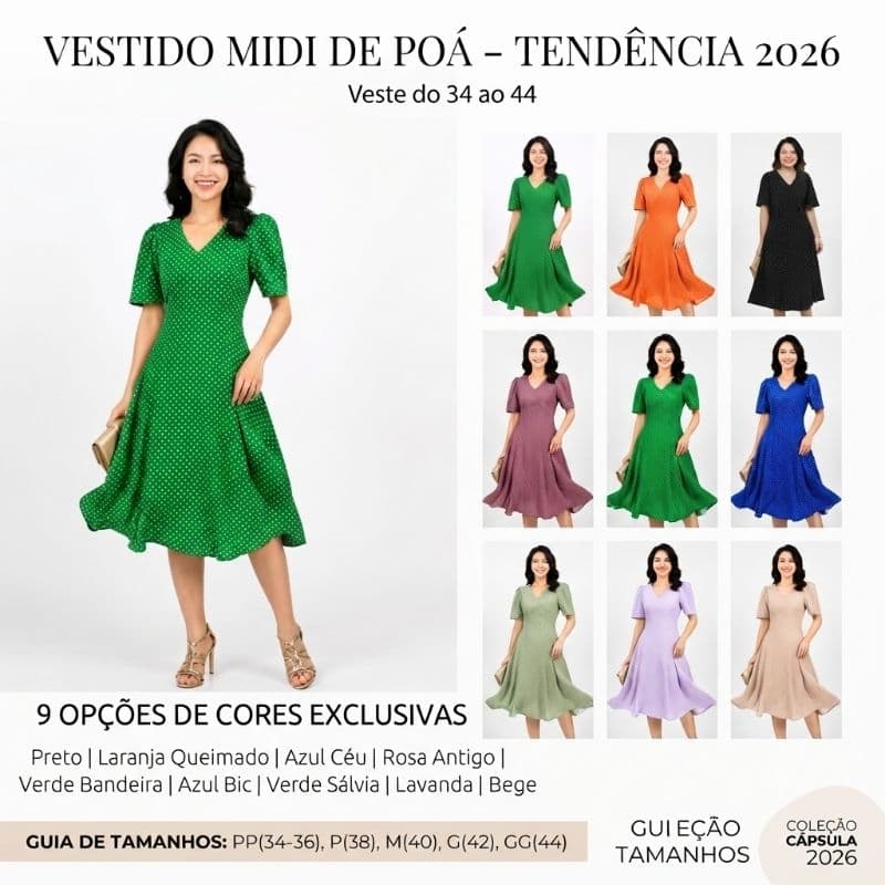 Vestido Midi Poá bolinhas Elegante e Delicado – Moda Feminina Evangélica, Casual Chic, Soltinho, Confortável, Tendência