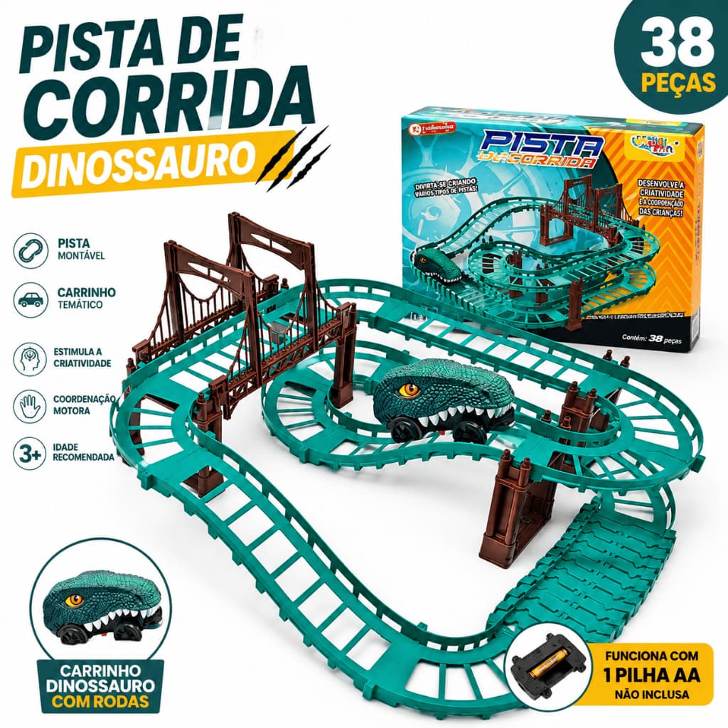 Pista de Corrida Infantil 38 Peças com Carrinho Militar Dinossauro Polícia Bombeiro Brinquedo Montável