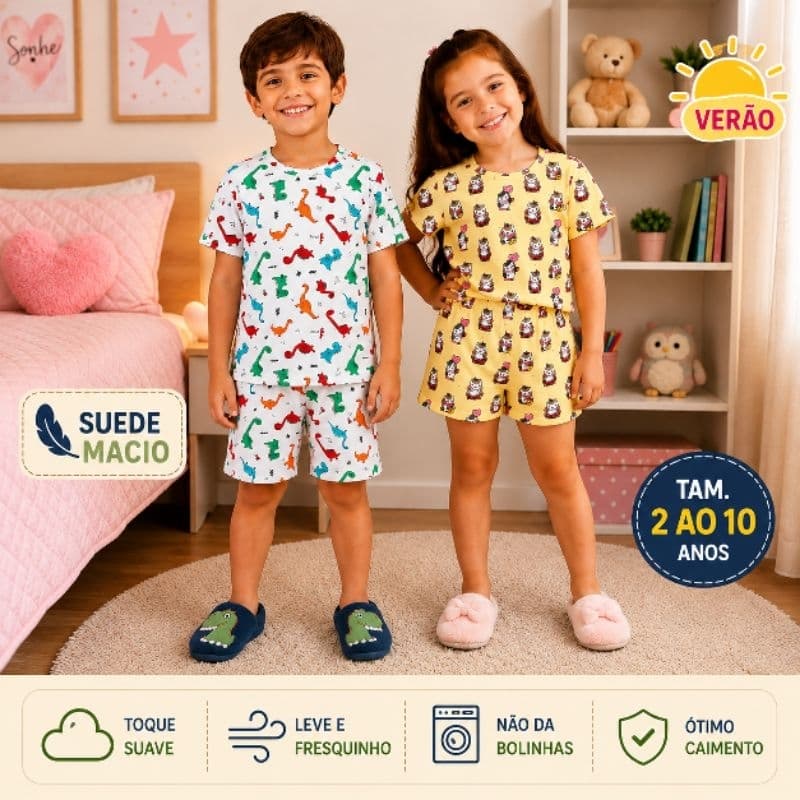 Pijama de verão suede menina e menino 2 ao 10 anos