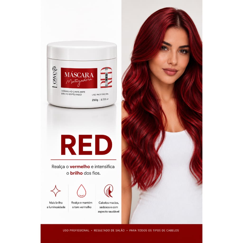 Lowe Cosméticos Máscara Matizadora Red Premium 250g - Intensifica Cor, Hidrata e Realça Brilho Espelhado para Cabelos