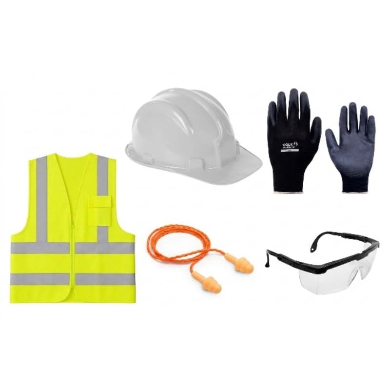 Kit EPI para Obras Pedreiro Entregador Colete de Sinalização Protetor Auricular Capacete Luva Tatil Oculos de Proteção